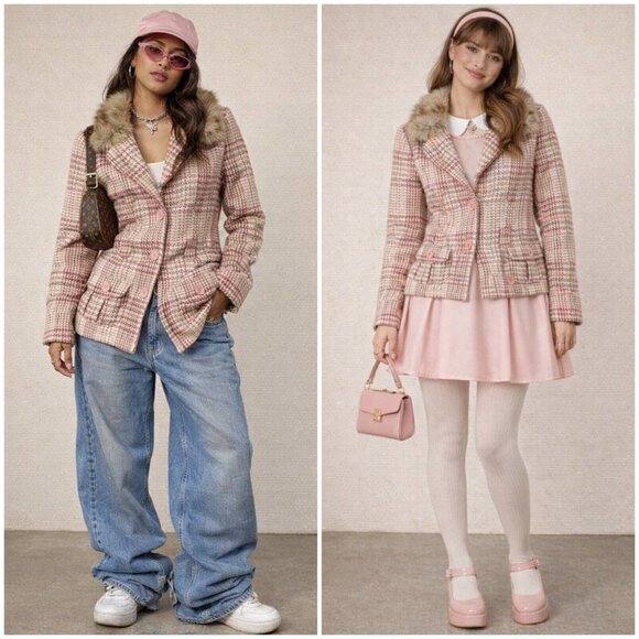 Vintage Y2K Hollister Co Penny Lane Coat Jacket Wool Blend Woven Plaid 70s Retro - Picture 16 of 16